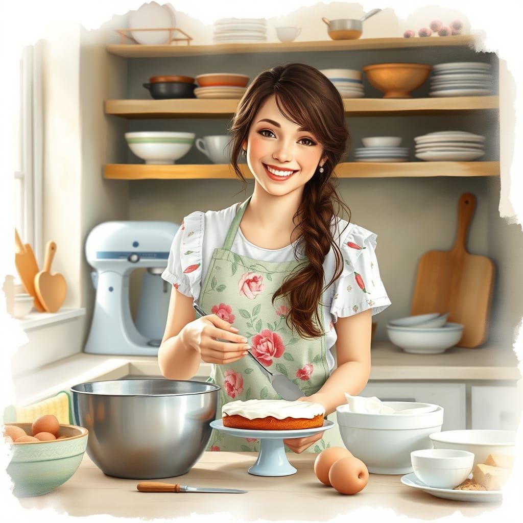 Whimsical Kitchen Scene in Watercolor Style