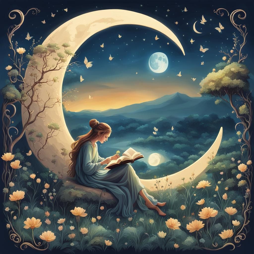 Fairy Reading by Crescent Moon in Landscape