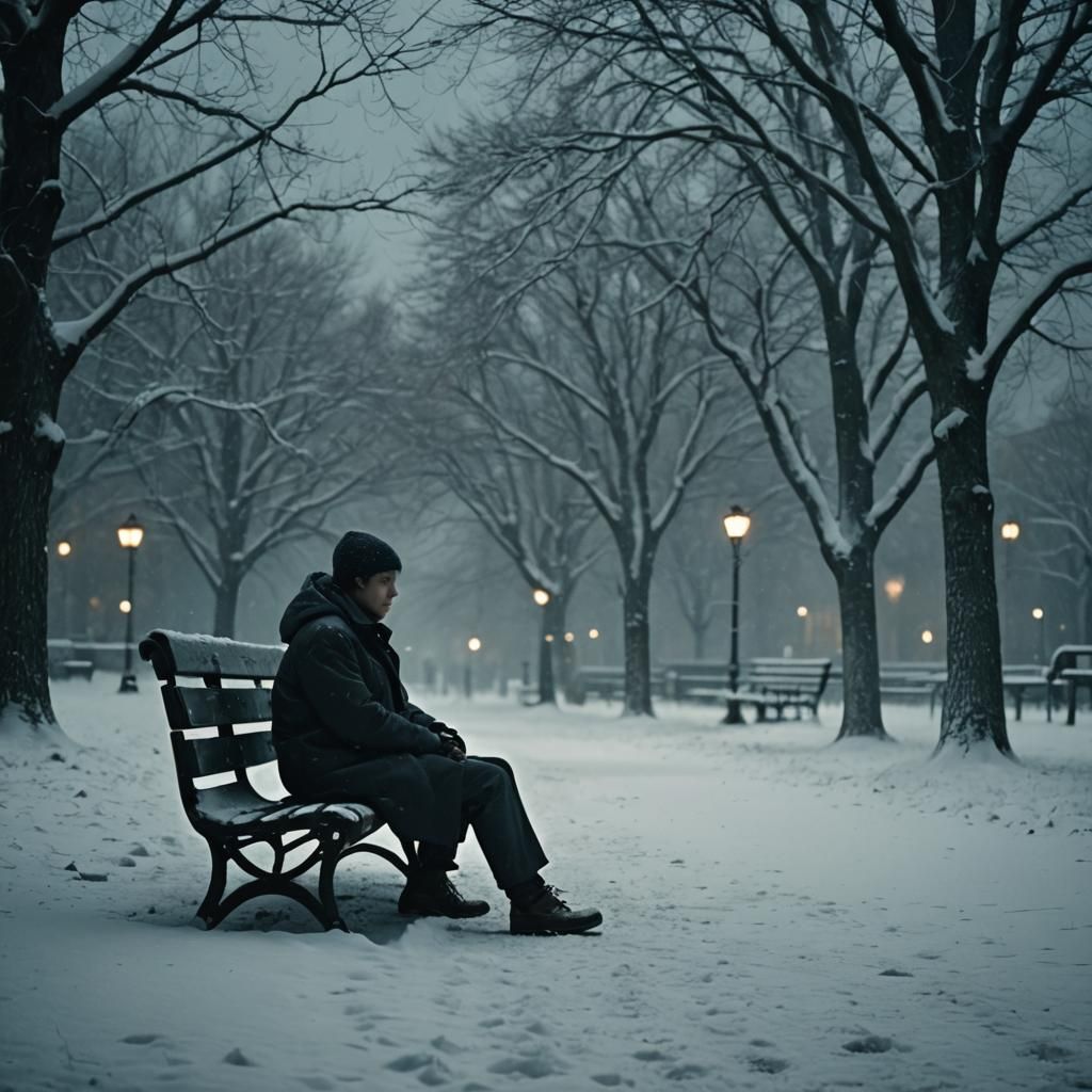 Solitary Figure on Snowy Bench in Cinematic Style