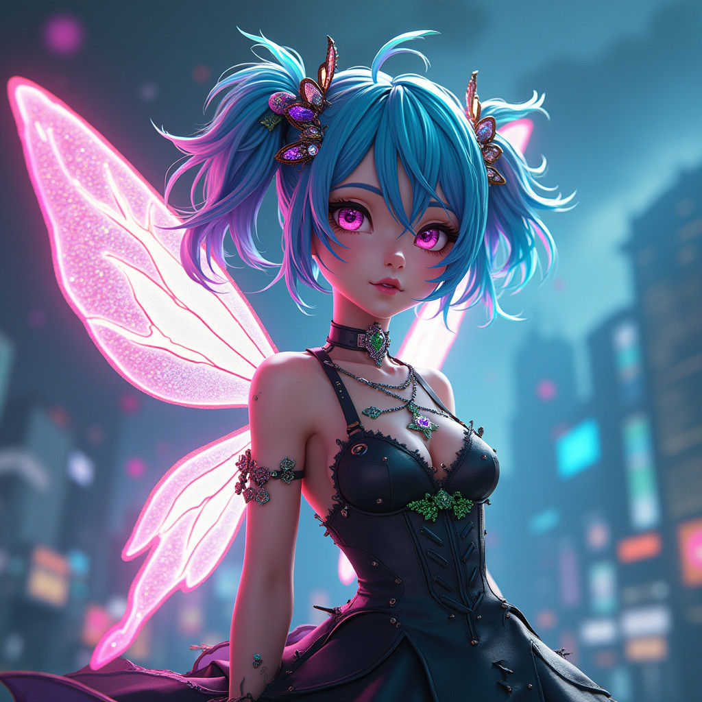 Emo Fairy with Multi-Colored Hair in Anime Style