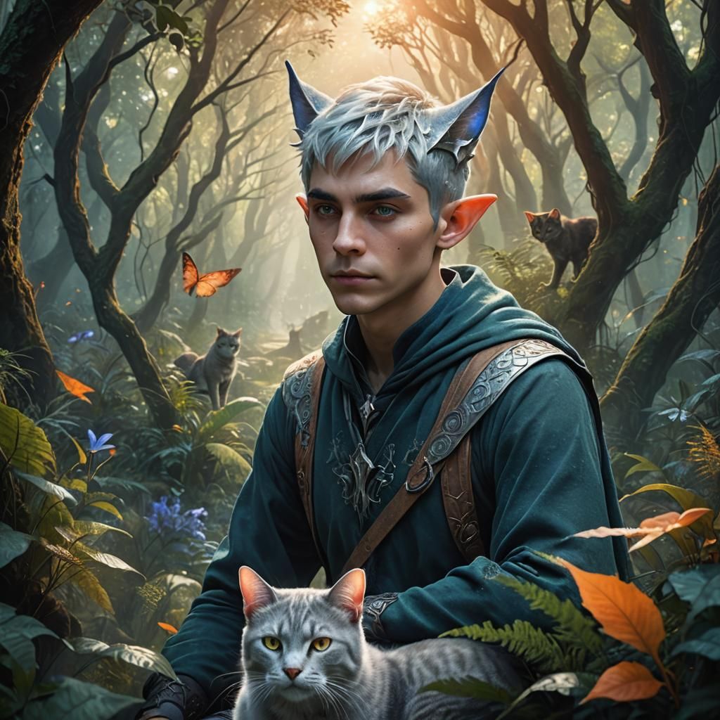 Androgynous Elf with Cat Ears in Mystical Forest