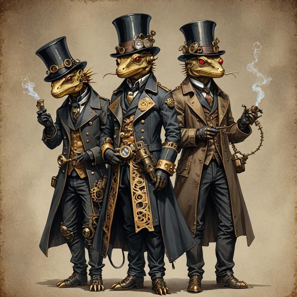 Steampunk Lizard People in Trench Coat