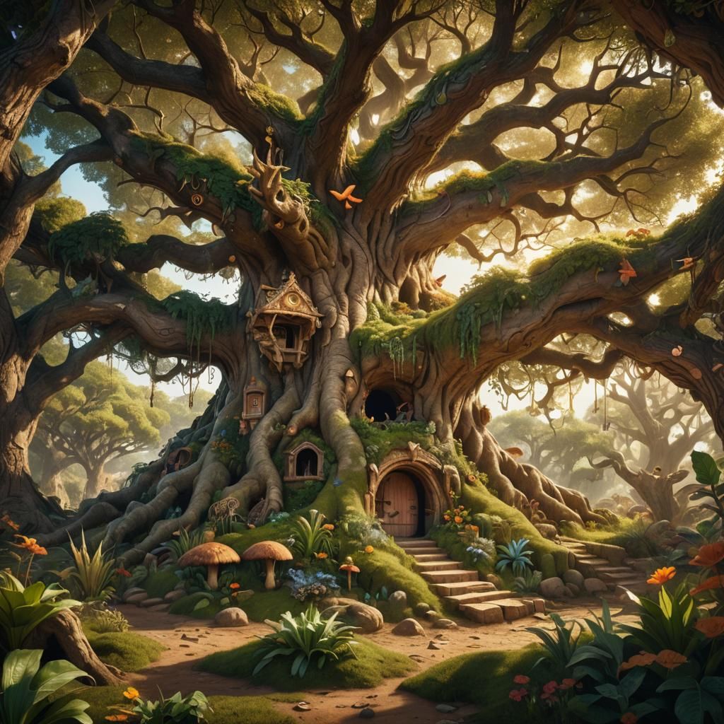 Harmonious Animal Den Under Ancient Oak: Matte Painting
