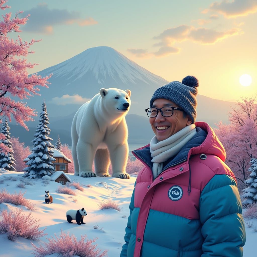 Serene Winter Scene of a Malay Man and Polar Bear at Sunset