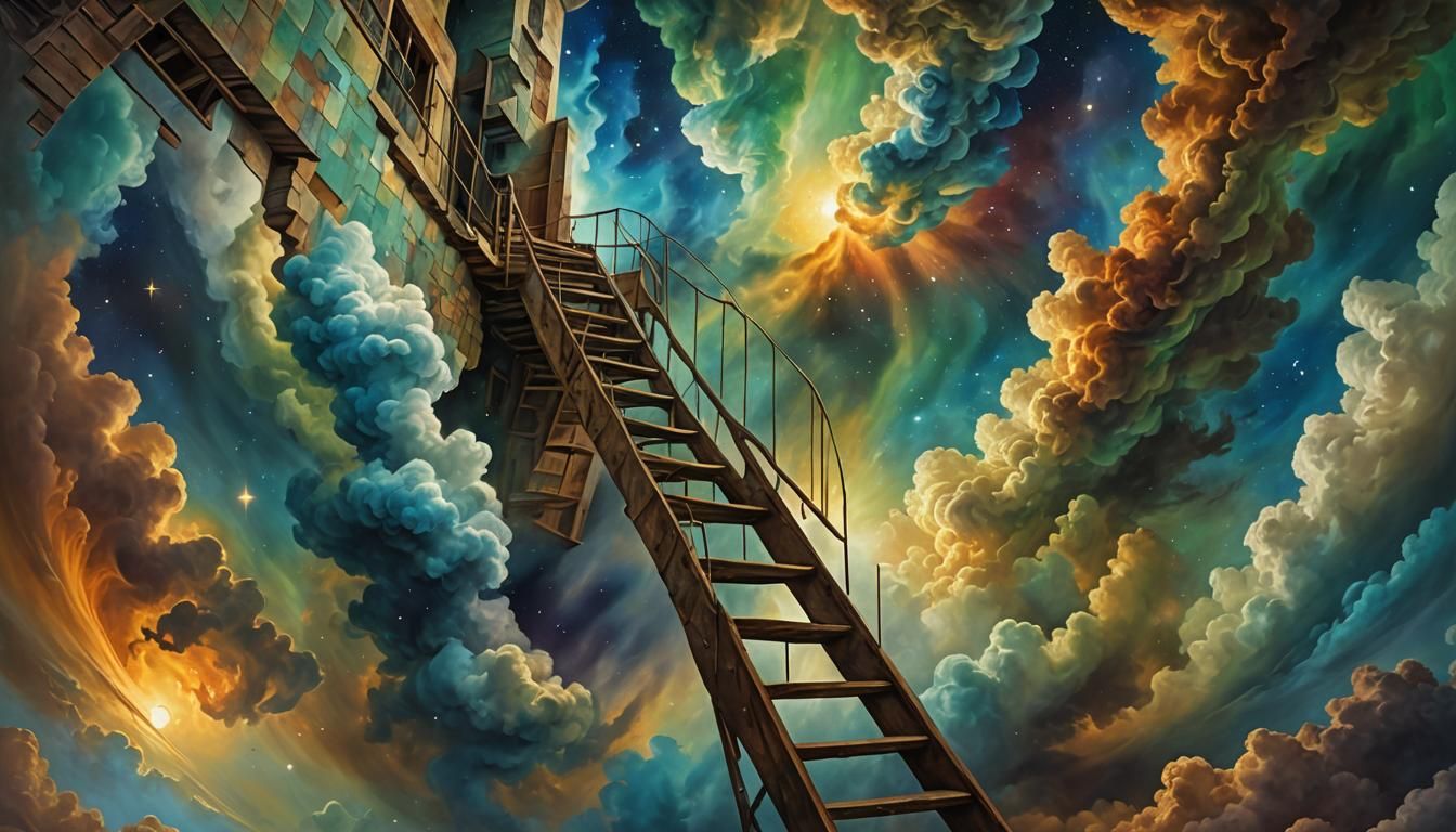 Cubist Nebula Dreamscape with Winding Staircase