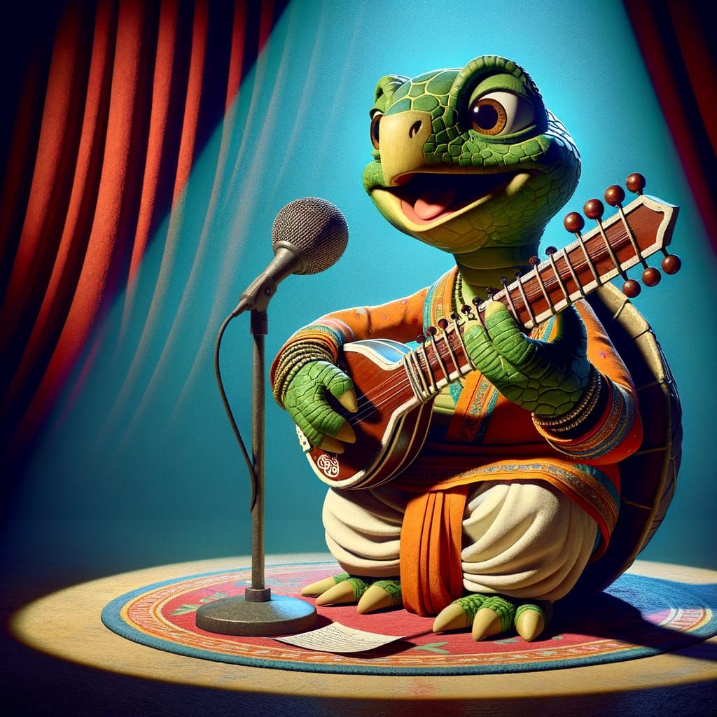 Turtle Sitar Player in Animated 3D Style