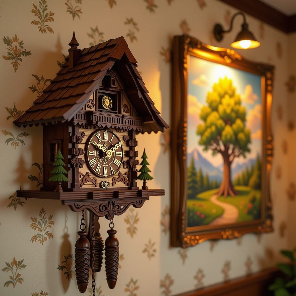 Ornate Cuckoo Clock and Family Tree: 3D Render