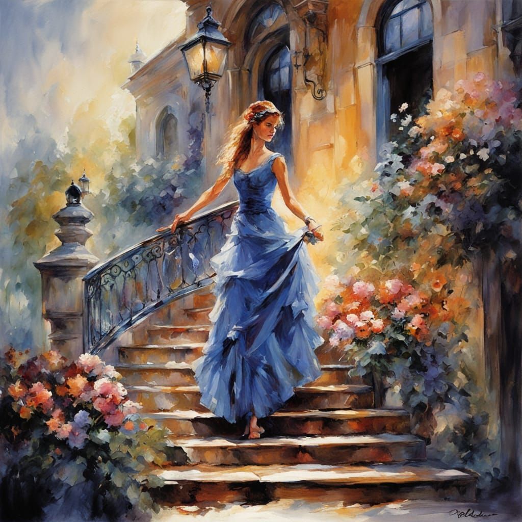 Victorian Hotel Courtyard in Misty Twilight, Watercolor Styl...