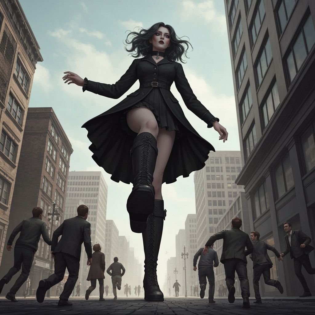 Giant Gothic Woman Tramples City Below