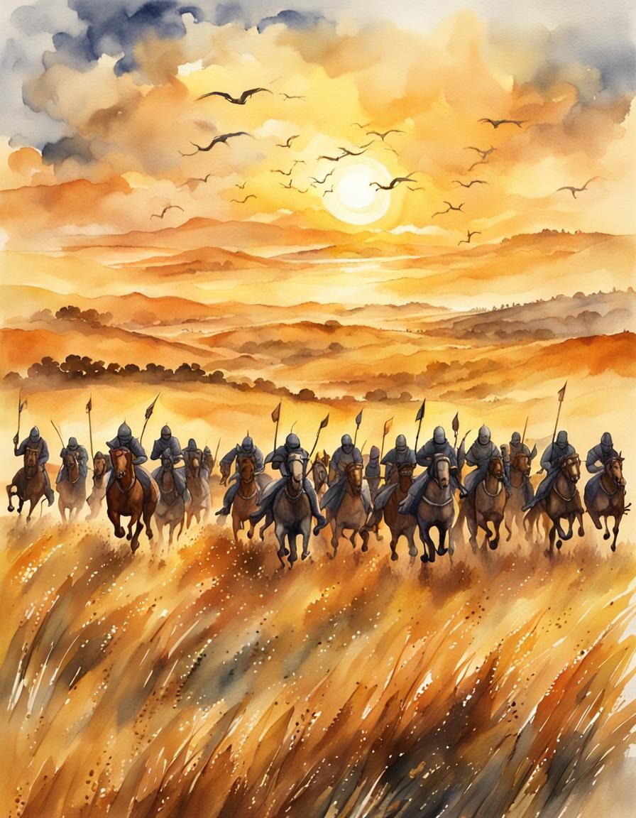 Medieval Horsemen Charge Through Golden Field: Watercolour