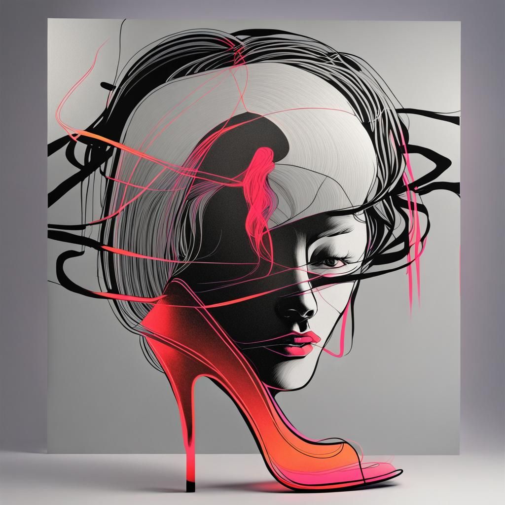 Neon Art Woman in Minimalist Ukiyo-e Style