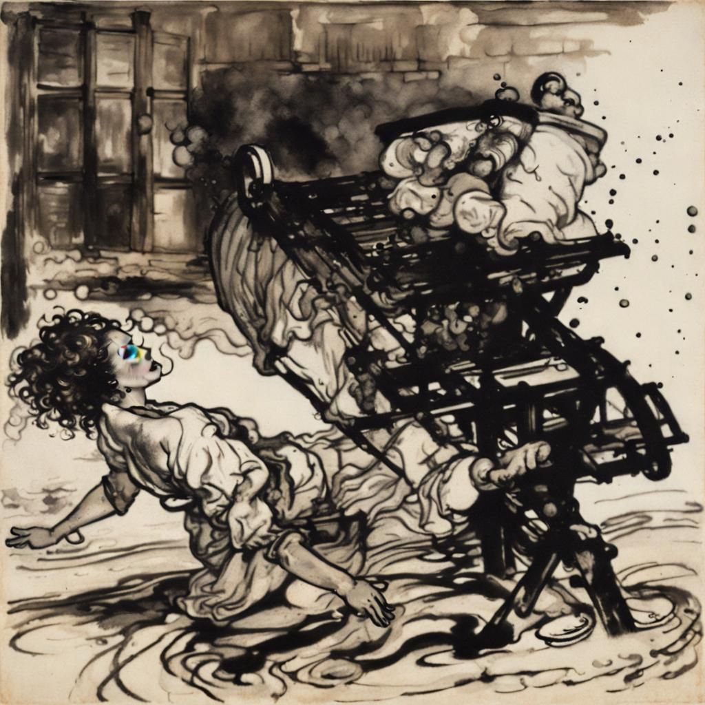 Woman Falling from Ink Cart in Classic Style