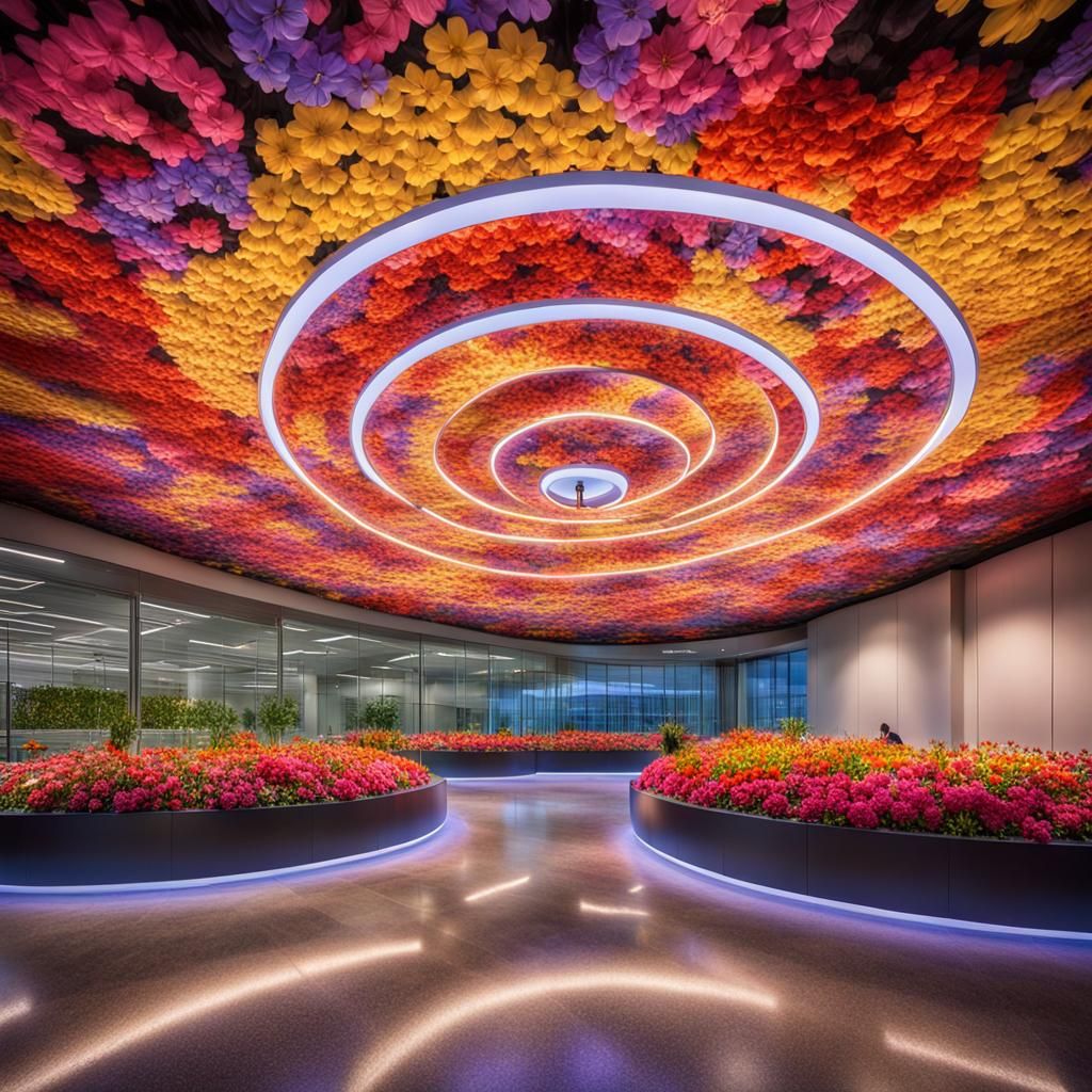 Floral Vortex Over Data Center in Matte Painting Style