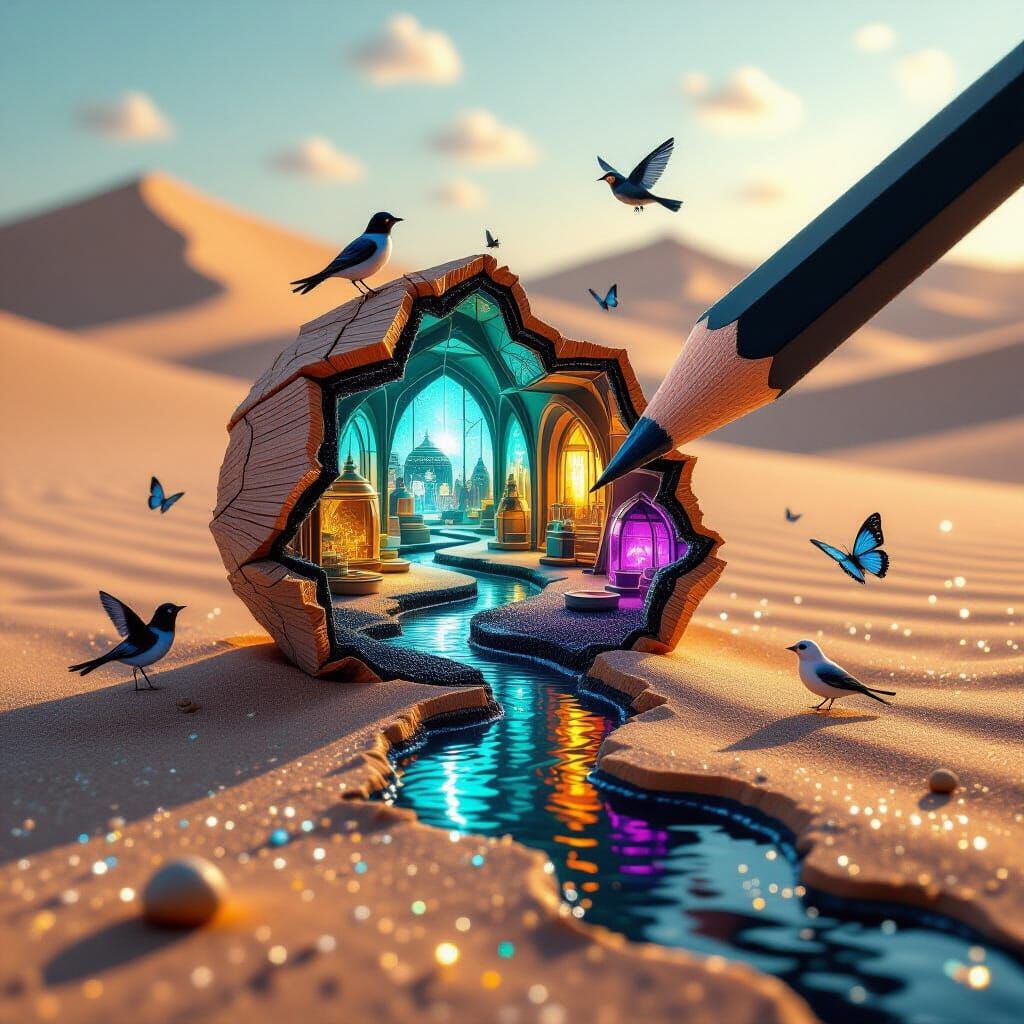 Magical Miniature World From Broken Pencil on Desert Sand