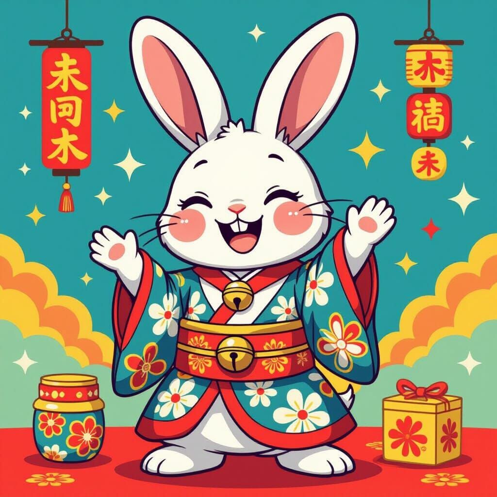 Laughing Rabbit in Japanese Attire Digital Art