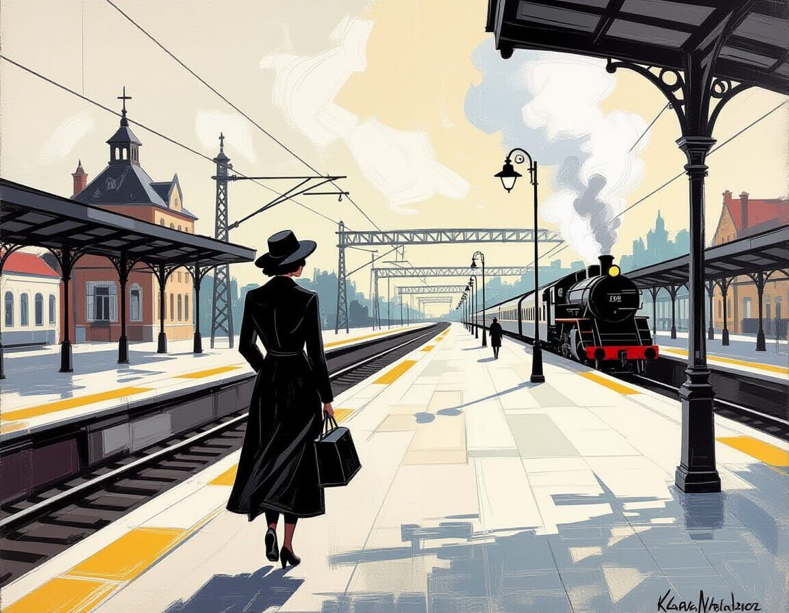 Retro Traveler in Abstract Silver Landscape, de Kooning Styl...