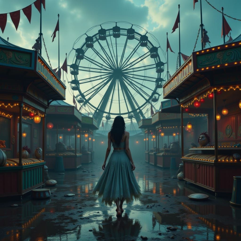 Eerie Abandoned Carnival at Dusk in Dark Digital Art