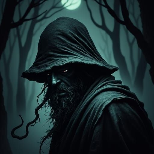 Dark Cultist in Gloomy Forest, Fantasy Art