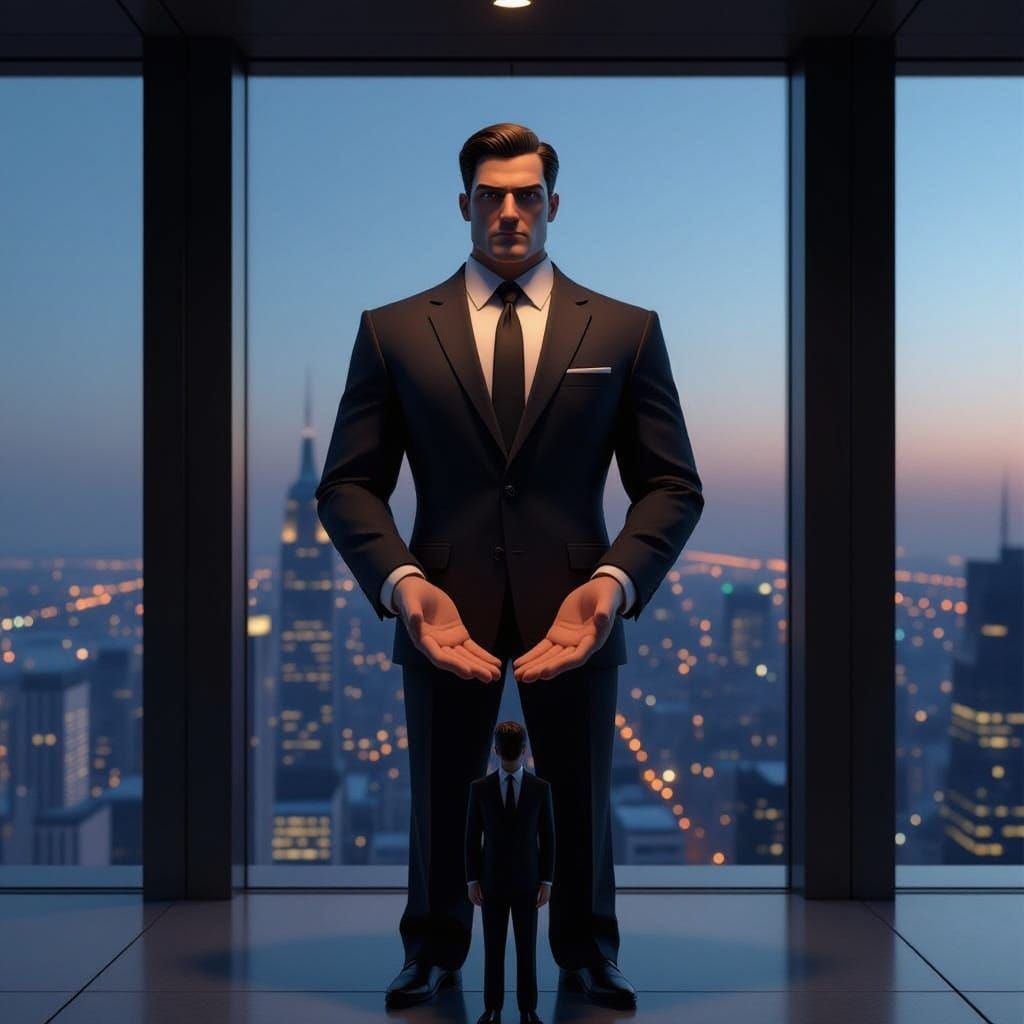 Giant Businessman Holds Tiny Businessman in Office at Dusk