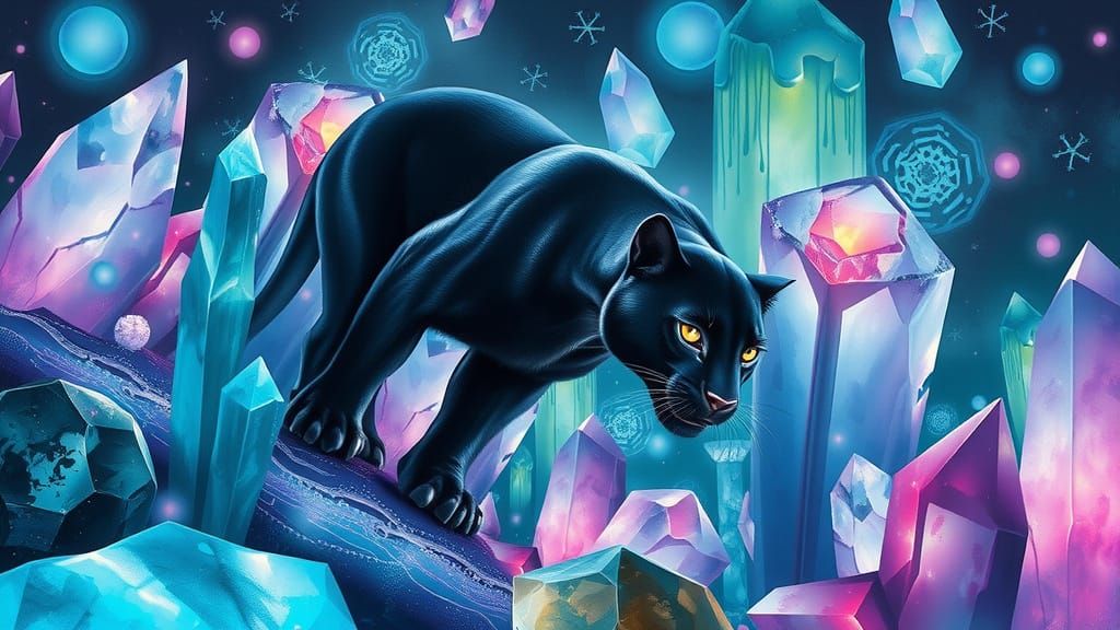 Panther in Crystalline Jungle, Surreal Watercolor Art