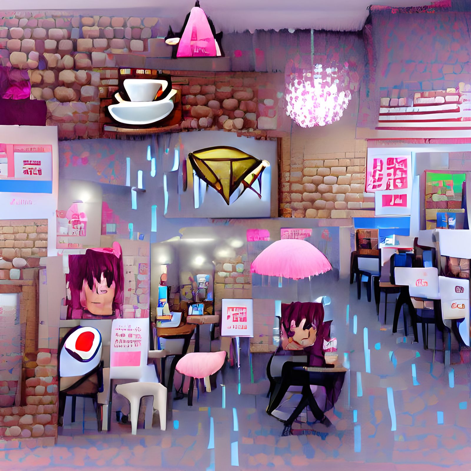 Anime Cafe with Raining Diamonds Pixel Art