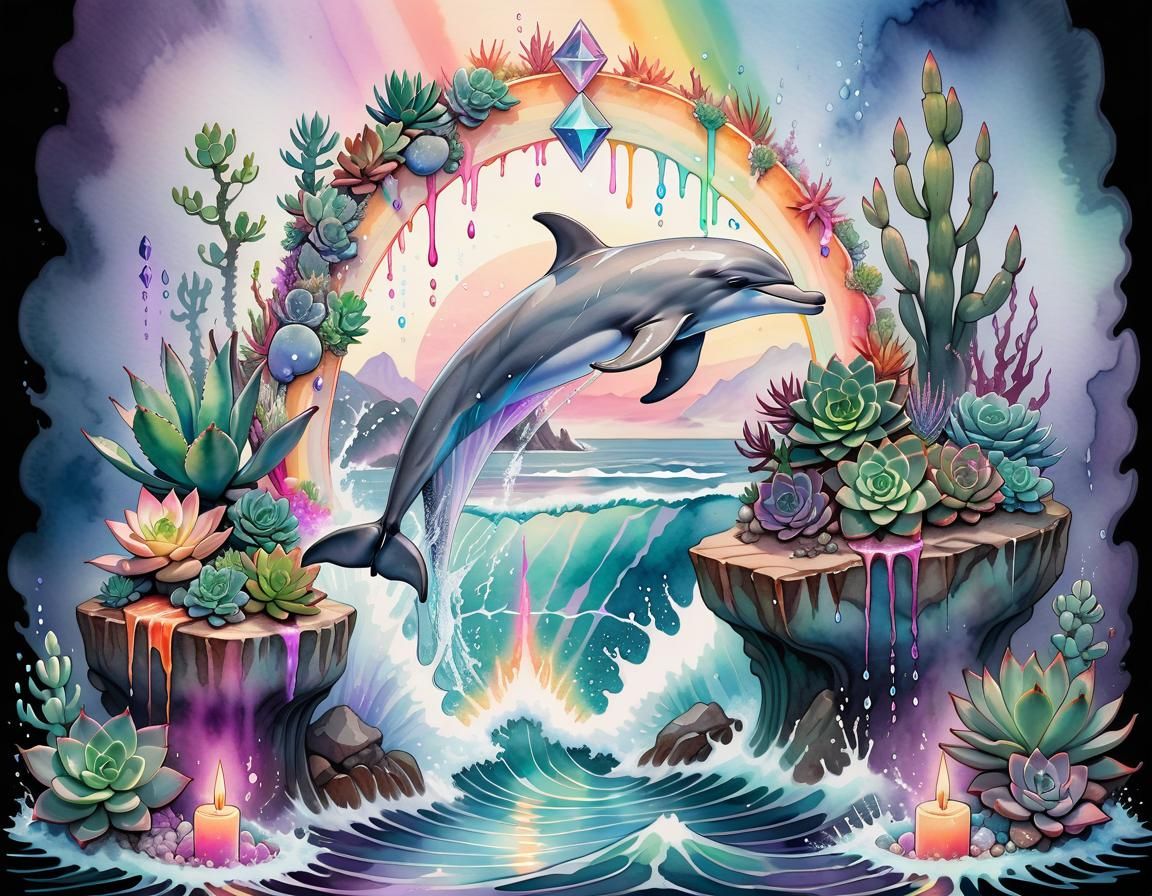 Dolphins and Demoness: Dynamic Watercolor Illustration