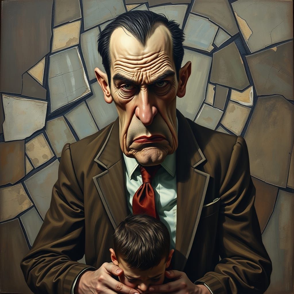 A Frustrated Father Towers Over a Cowering Child in a Cubist...