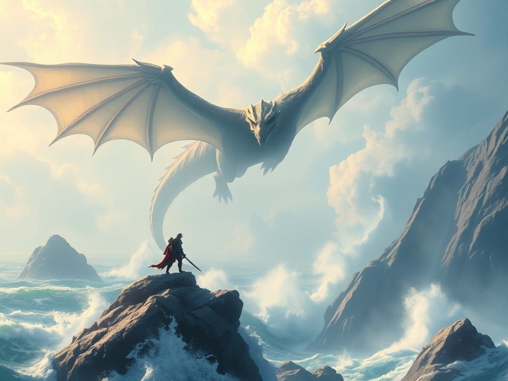 Medieval Warrior Defies Colossal Dragon in Pastel Watercolor...