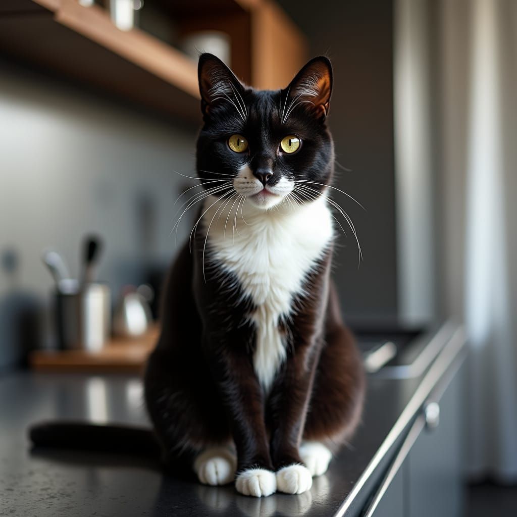 Tuxedo Cat on Industrial Countertop in 4K