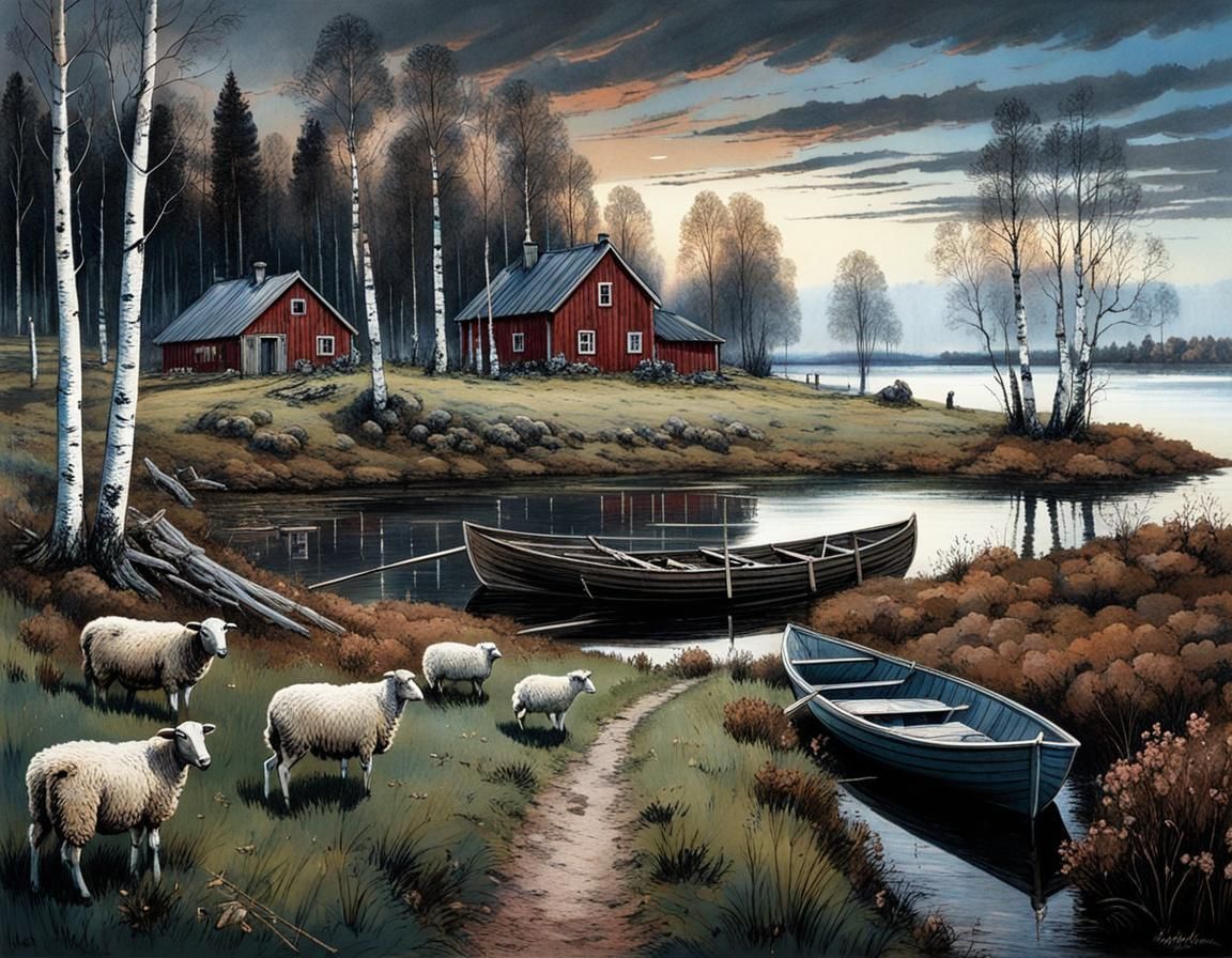 Swedish Farm in Spring, Inspired by Rackham and Friedrich