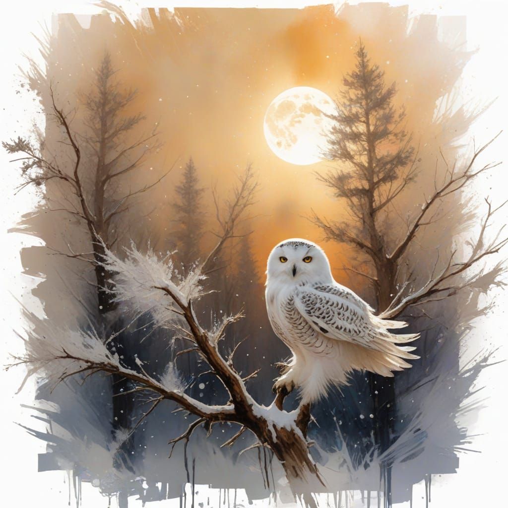 Snow Owl Diving in Winter Moonlight