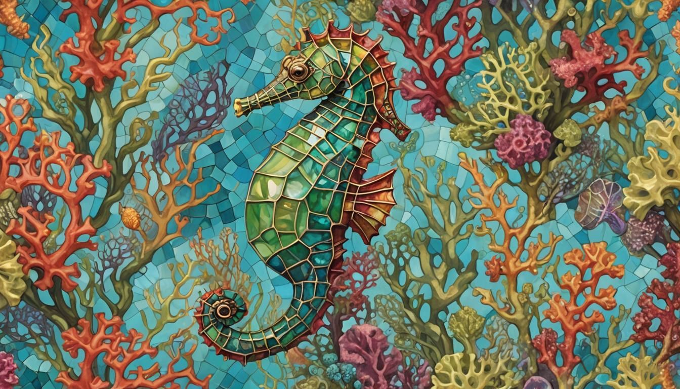 Iridescent Seahorse in Cubist Coral Reef