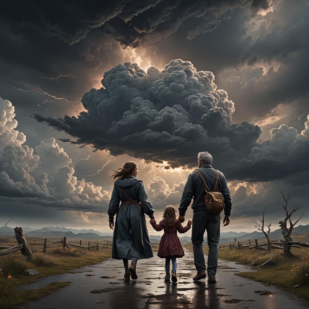 Father and Daughter Walking into Storm, Hyperrealistic Art