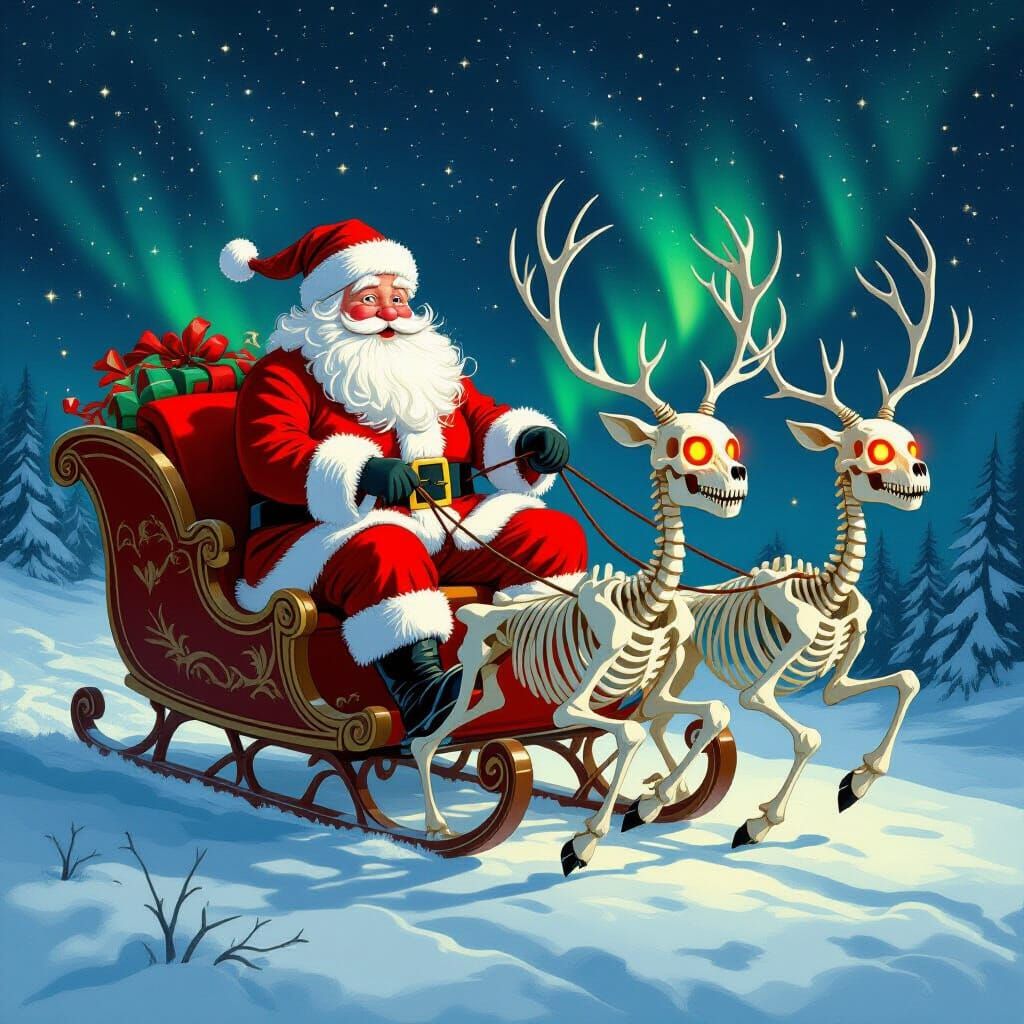 Dark Fantasy Santa with Skeleton Reindeer