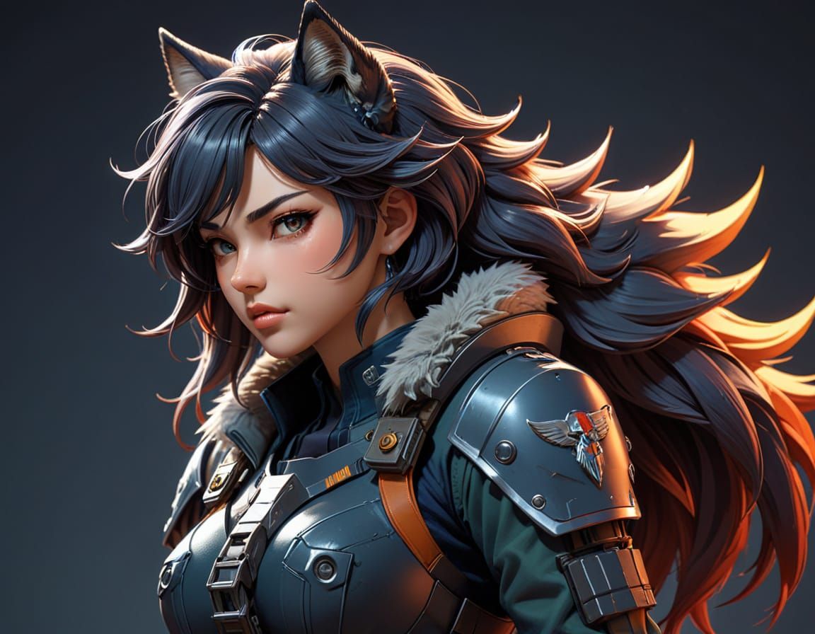 Vibrant Wolf Girl in Military Uniform Anime Illustration