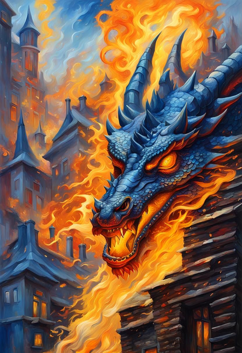 Dragon in Burning Building: Triadic Oil Painting