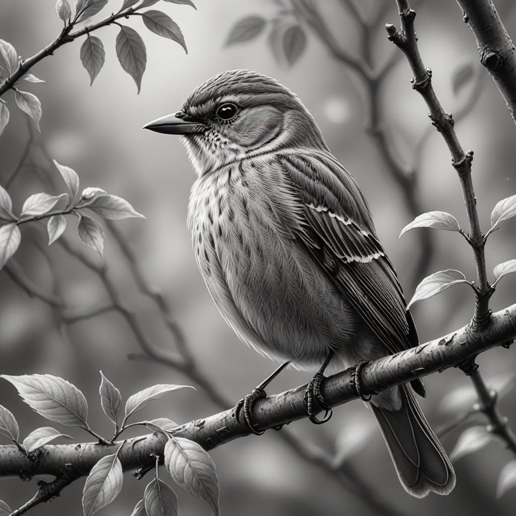 Hyper-Realistic Pencil Drawing of a Small Bird in Bloom