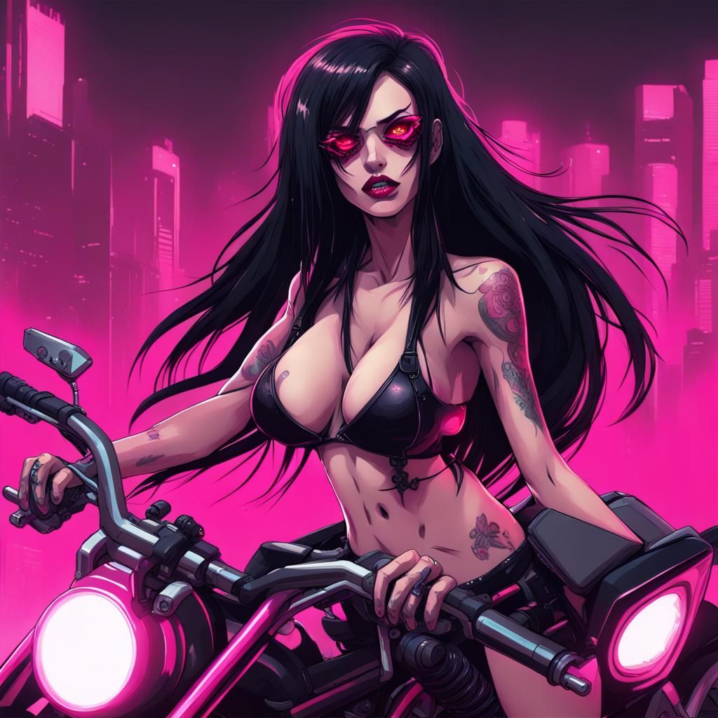 Cyberpunk Vampire Girl on Motorcycle