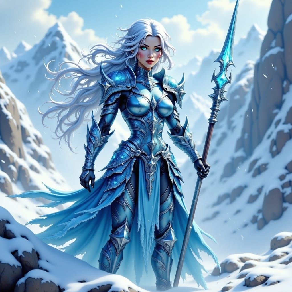 Icy Female Warrior on Mountain Peak, Digital Art