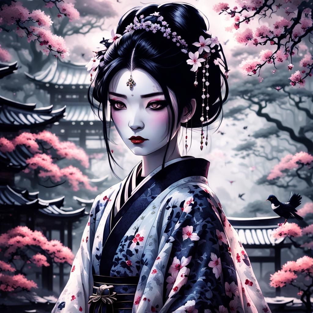 Gothic Geisha in Misty Japanese Garden