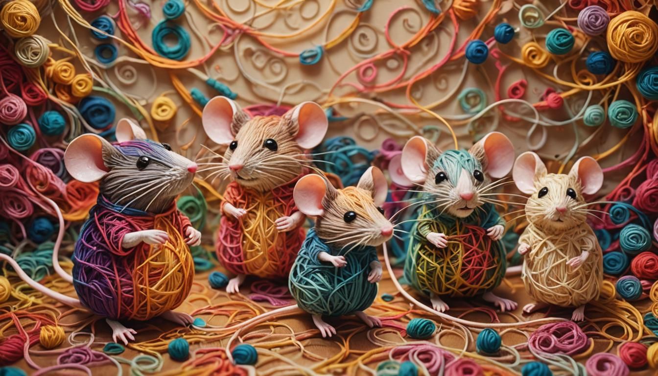 Whimsical Mice Playing with Colorful String Art