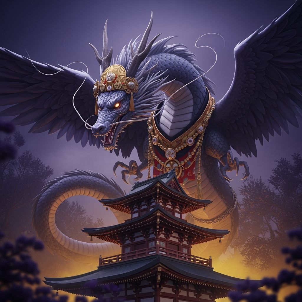 Majestic Japanese Dragon Above Temple in Dark Fantasy Style