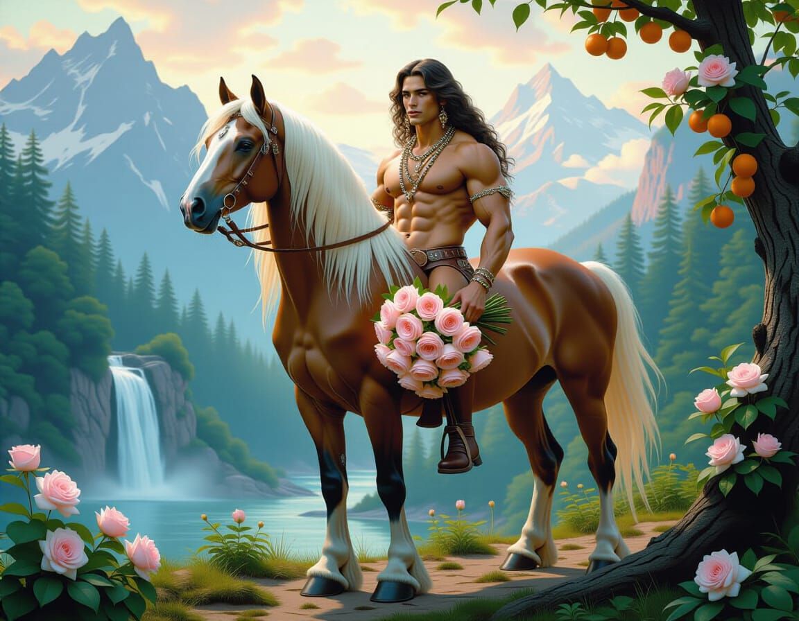 Hyperrealistic Centaur with Roses at Forest Waterfall