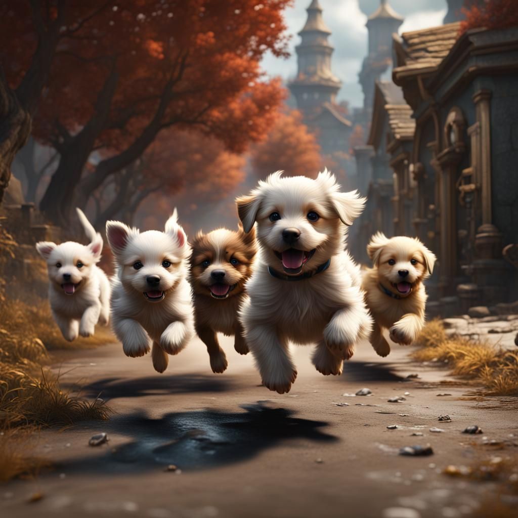 Puppies Running: Detailed Matte Painting