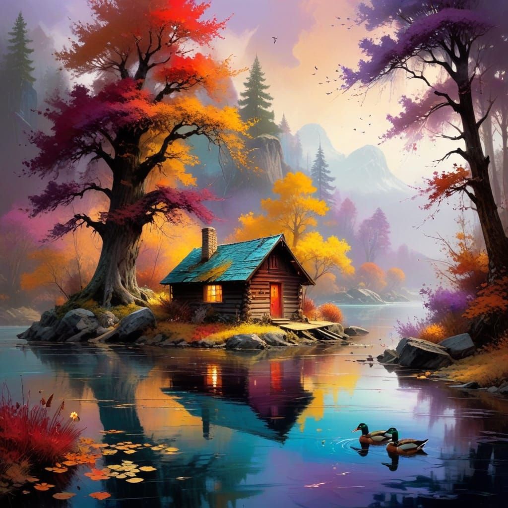 Whimsical Rustic Cabin Amidst Autumnal Wonderland