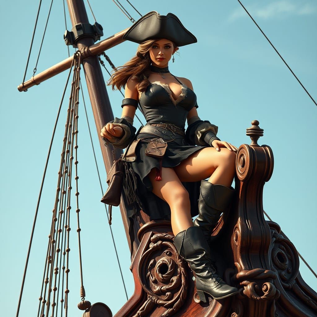 Pirate Woman on Ship Figurehead, Hyperrealistic Textures
