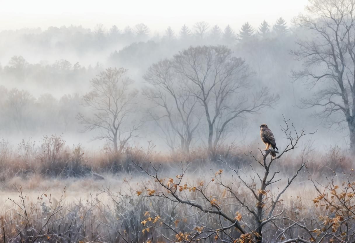 Hawk in Misty Landscape Watercolor Painting