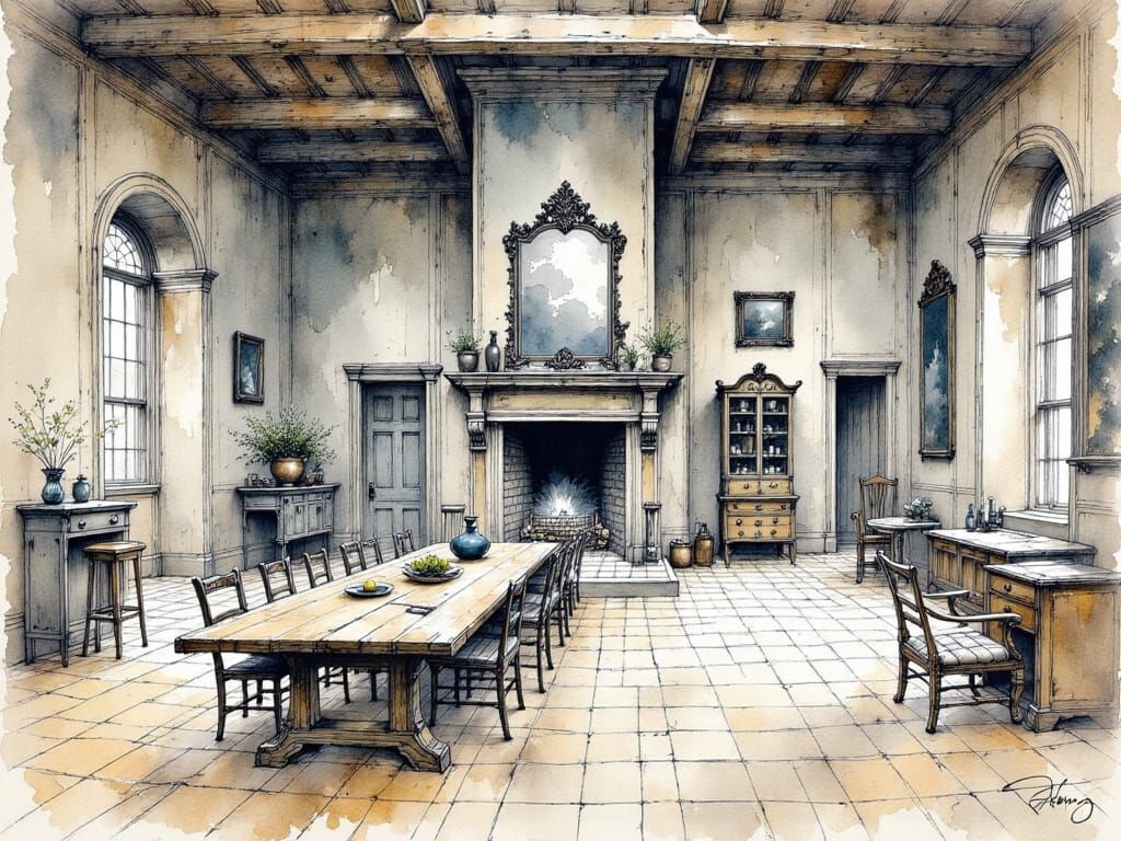 Blueprint of Castle Great Hall in Charcoal Ink Style