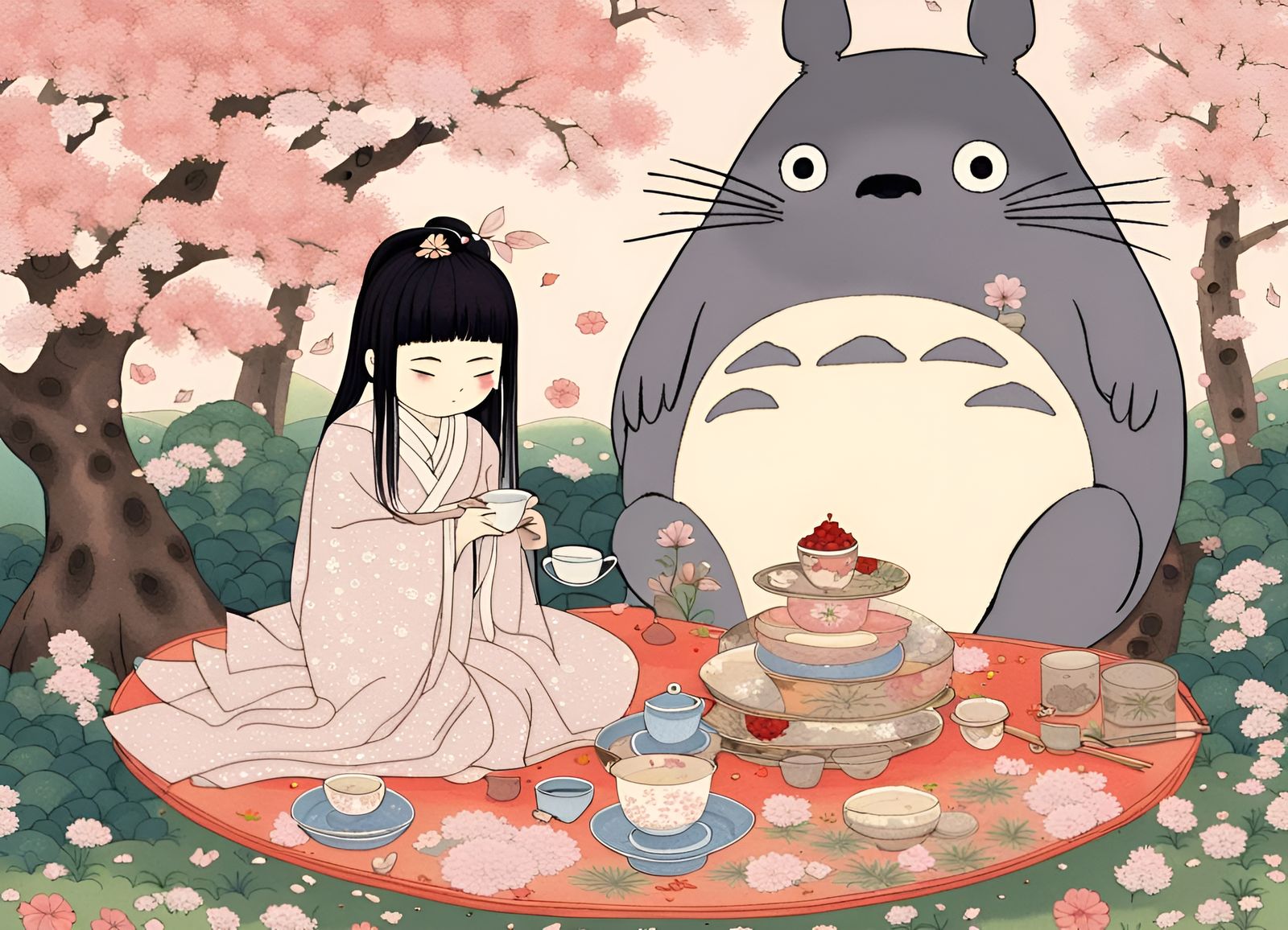 Princess Kaguya and Totoro having tea