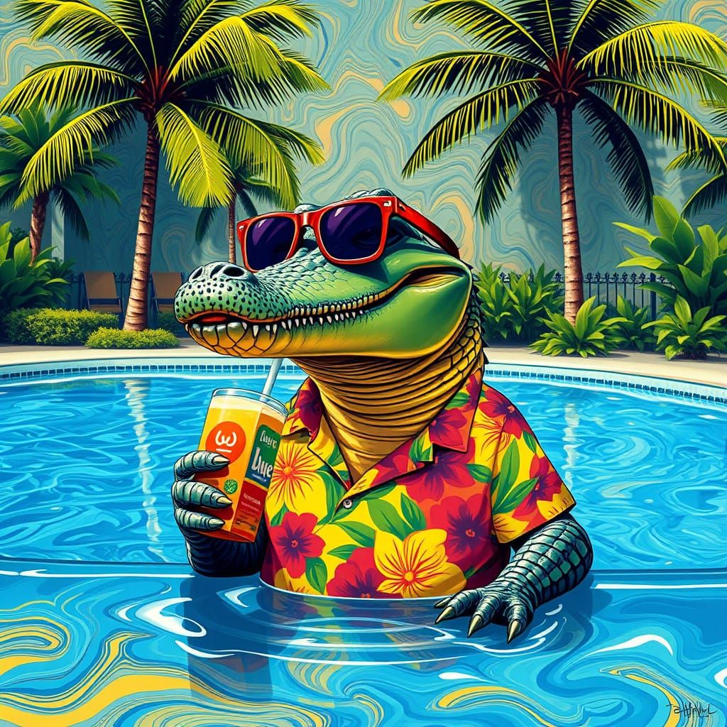 Surreal Crocodile Takes a Refreshing Dip in Vibrant Poolside...